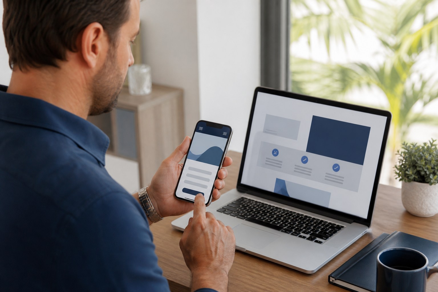 Small-business owner reviewing a mobile website and lead path on a smartphone beside a laptop