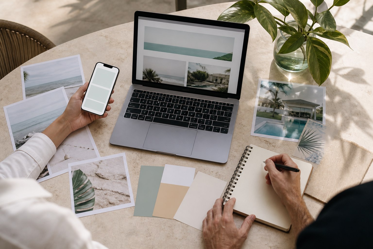 Website planning materials for an AI-assisted WordPress project on a South Florida worktable