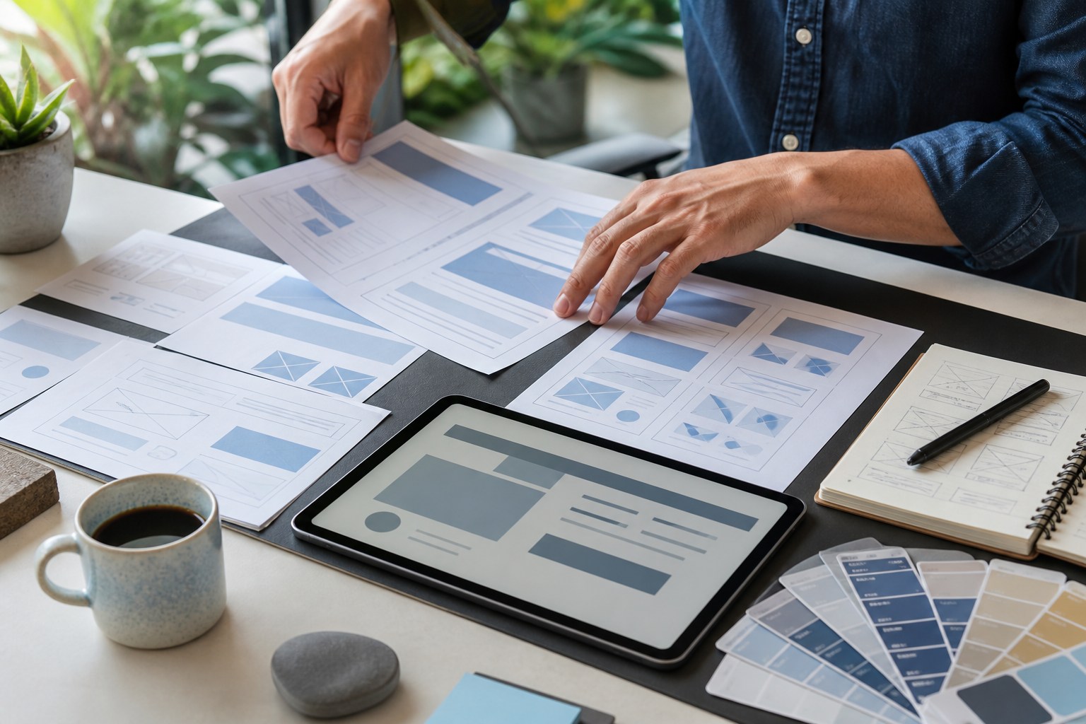 Website strategist arranging wireframes and a tablet during a small-business website planning session