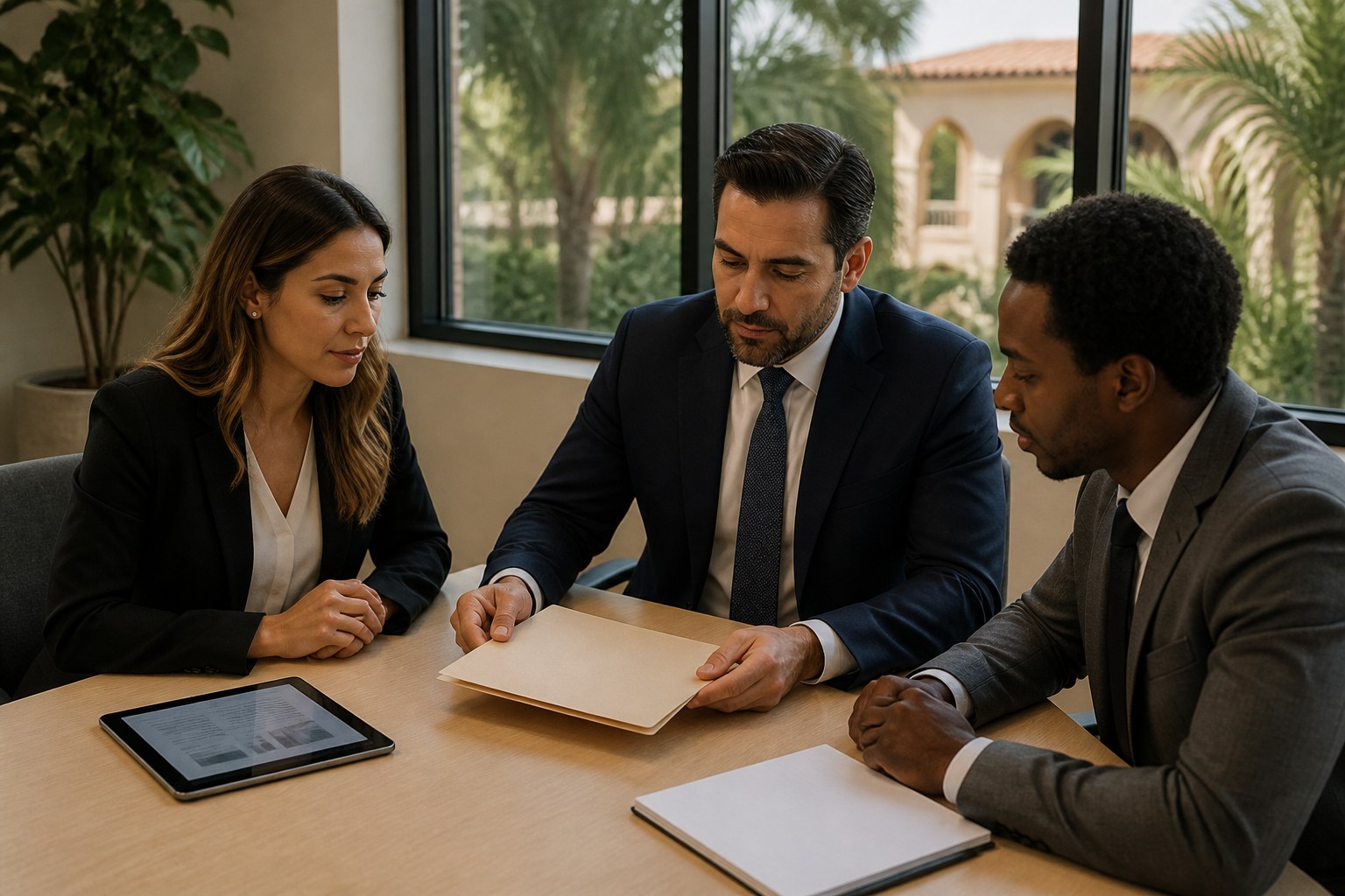 Legal professionals reviewing a closed file and resource plan in a Coral Gables office