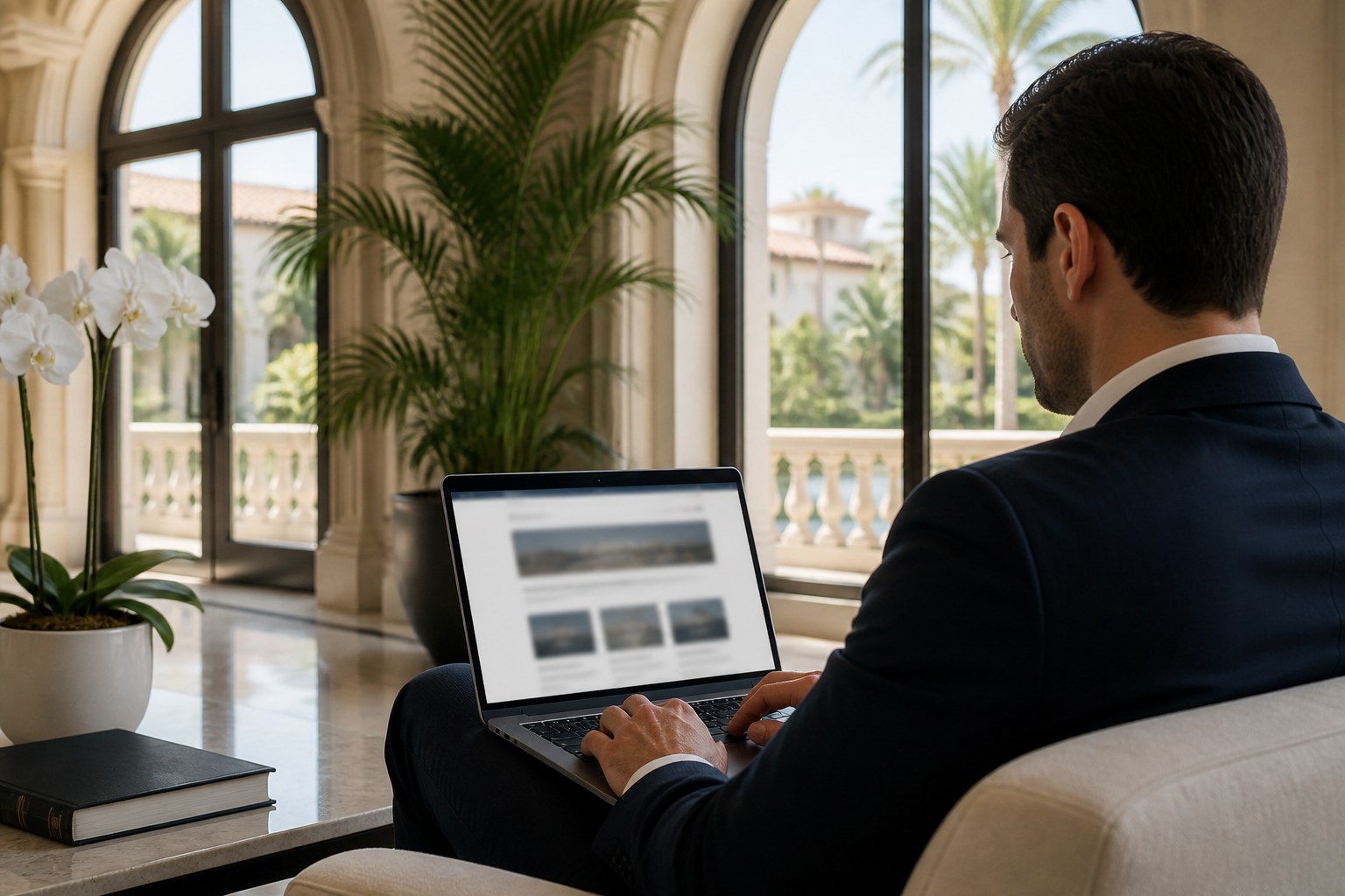 Professional reviewing a generic legal information website on a laptop in a Coral Gables office lounge