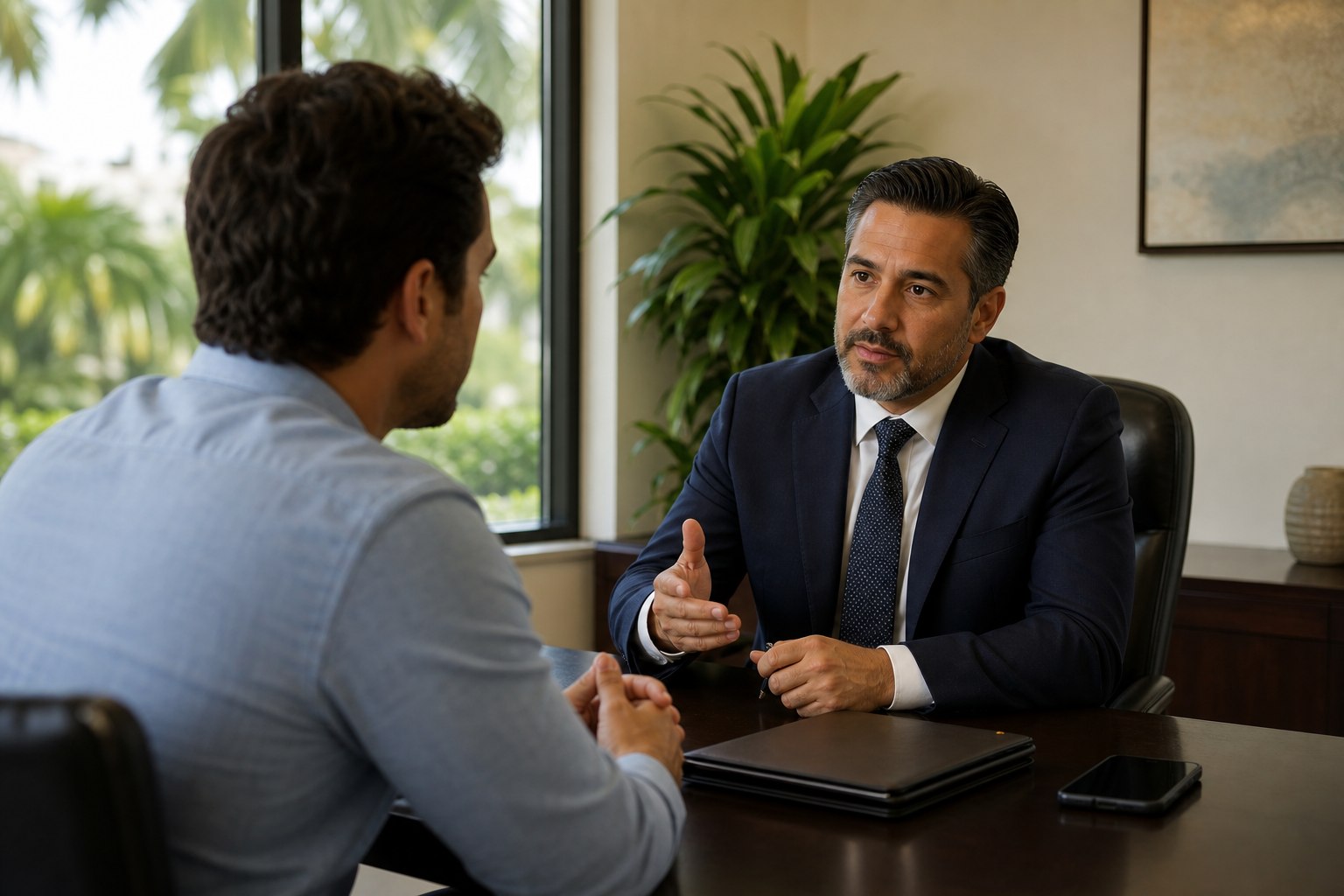 Attorney and prospective client having a focused criminal defense consultation in Coral Gables