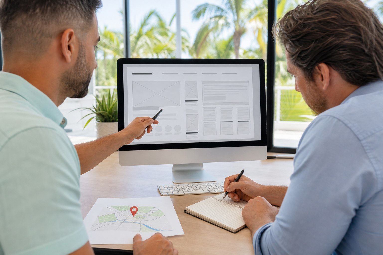 Small business owner and web specialist reviewing local SEO and website strategy
