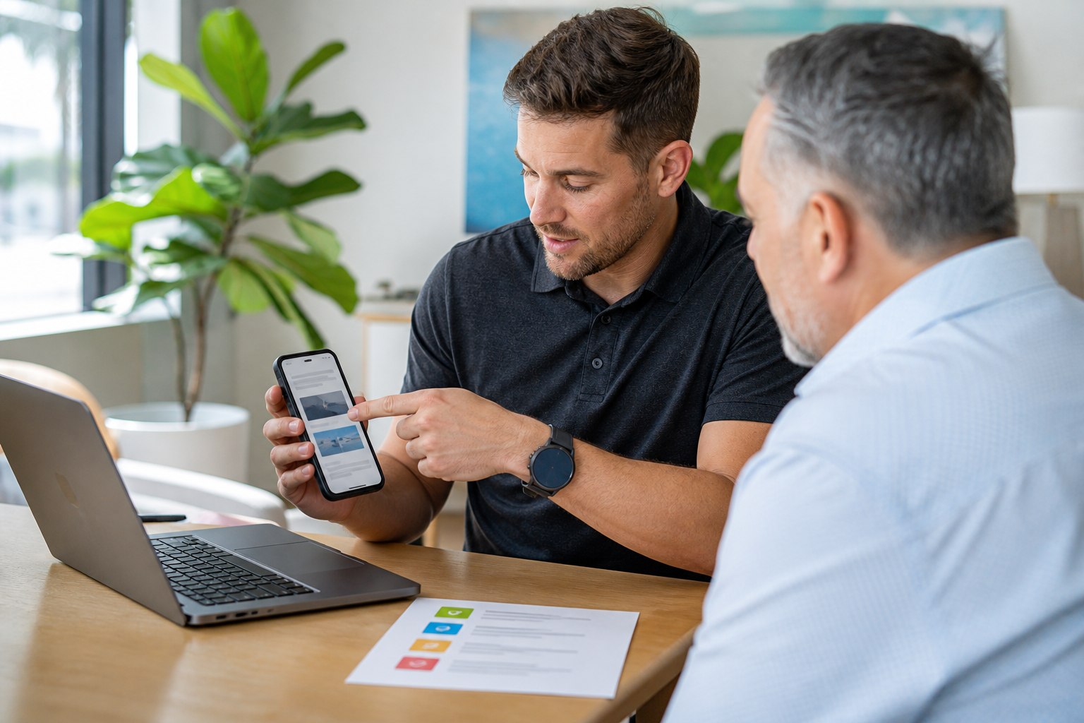 Digital strategist and business owner reviewing a mobile landing-page experience