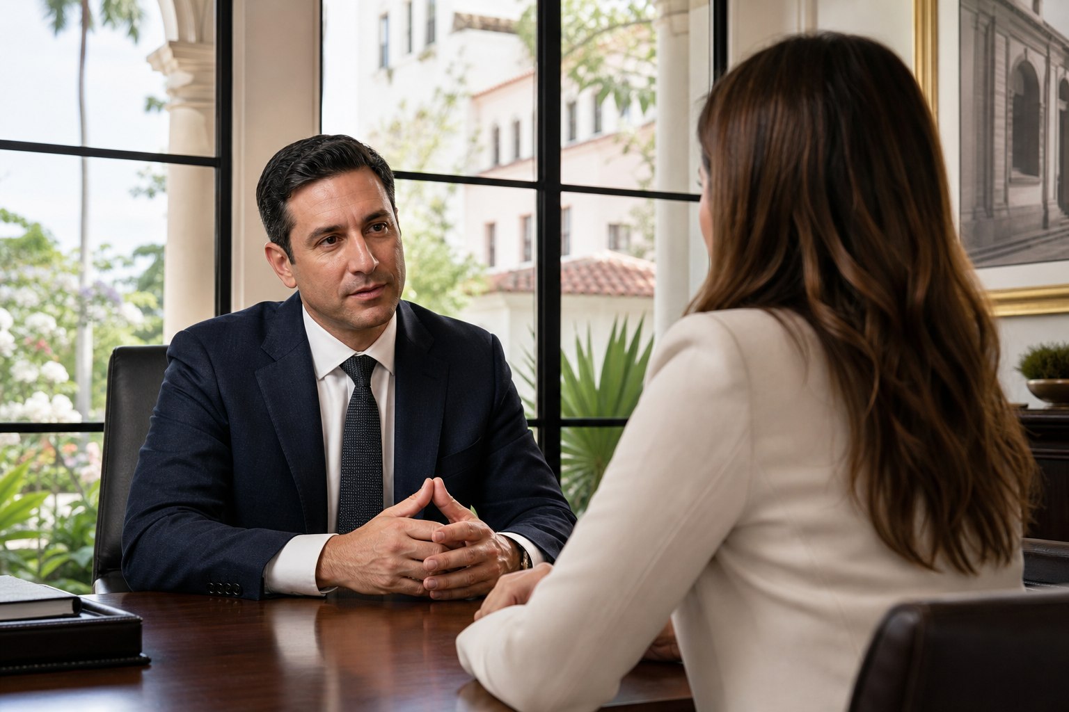 Attorney meeting privately with a prospective criminal defense client in Coral Gables