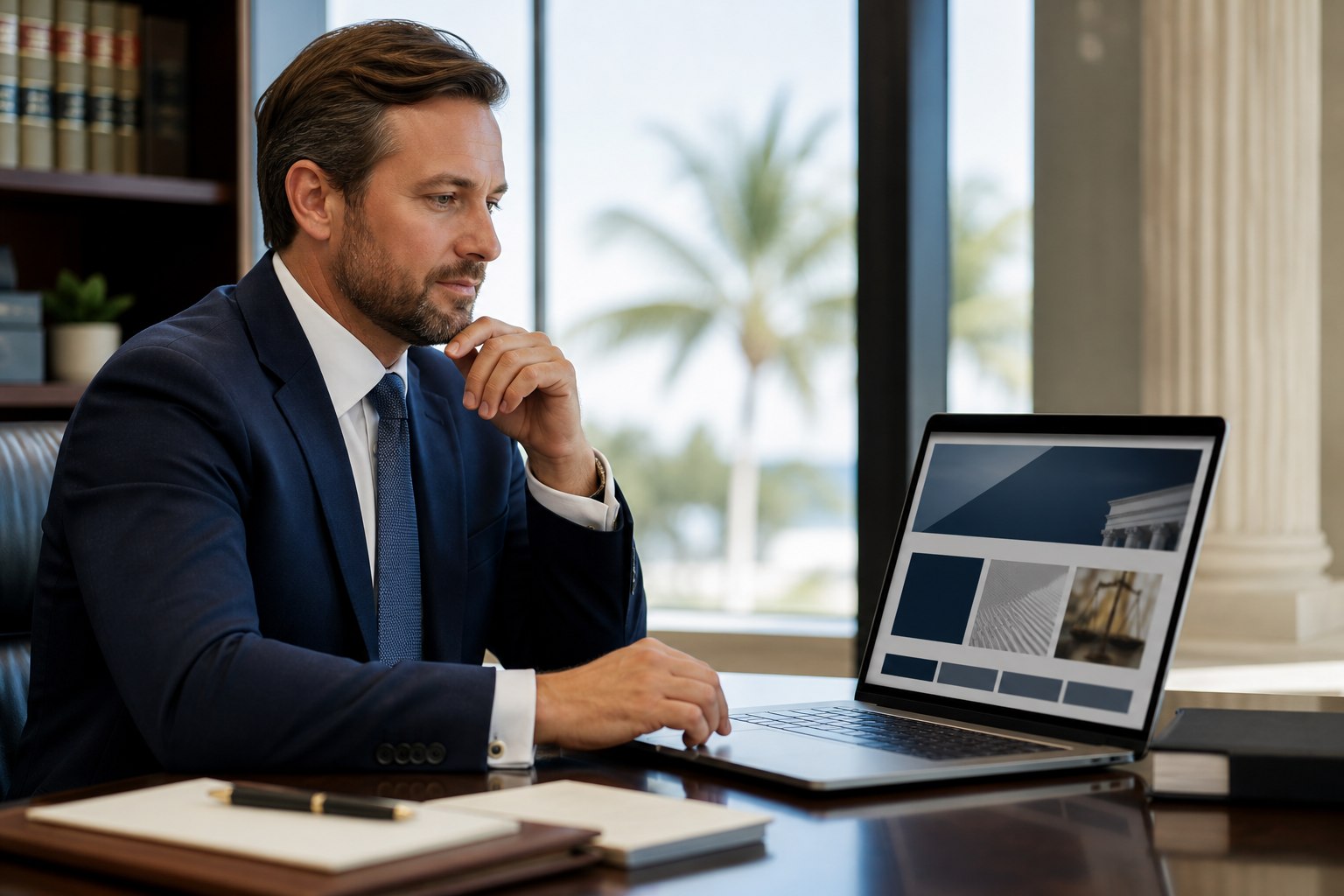 Attorney reviewing a professional law firm website in a South Florida office