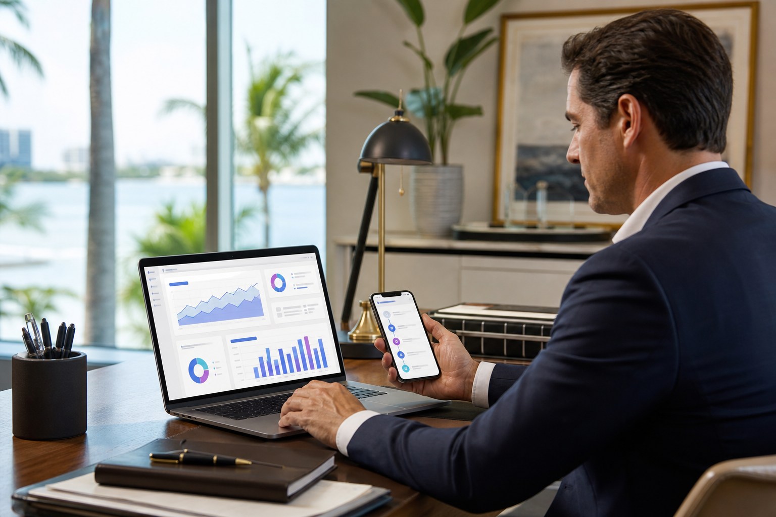 Professional reviewing generic website analytics and a client inquiry workflow on a laptop and phone