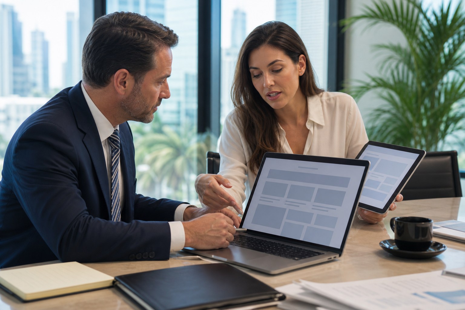 Attorney and digital strategist planning a law firm website in a South Florida office