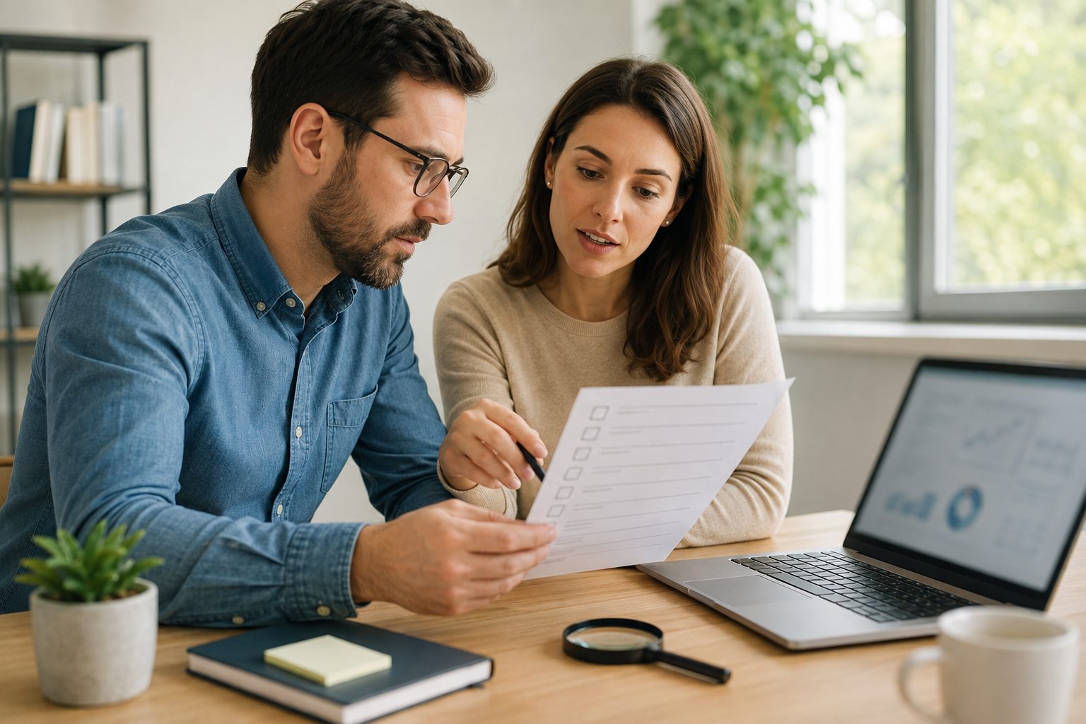 Business owner and marketing professional reviewing a website audit checklist