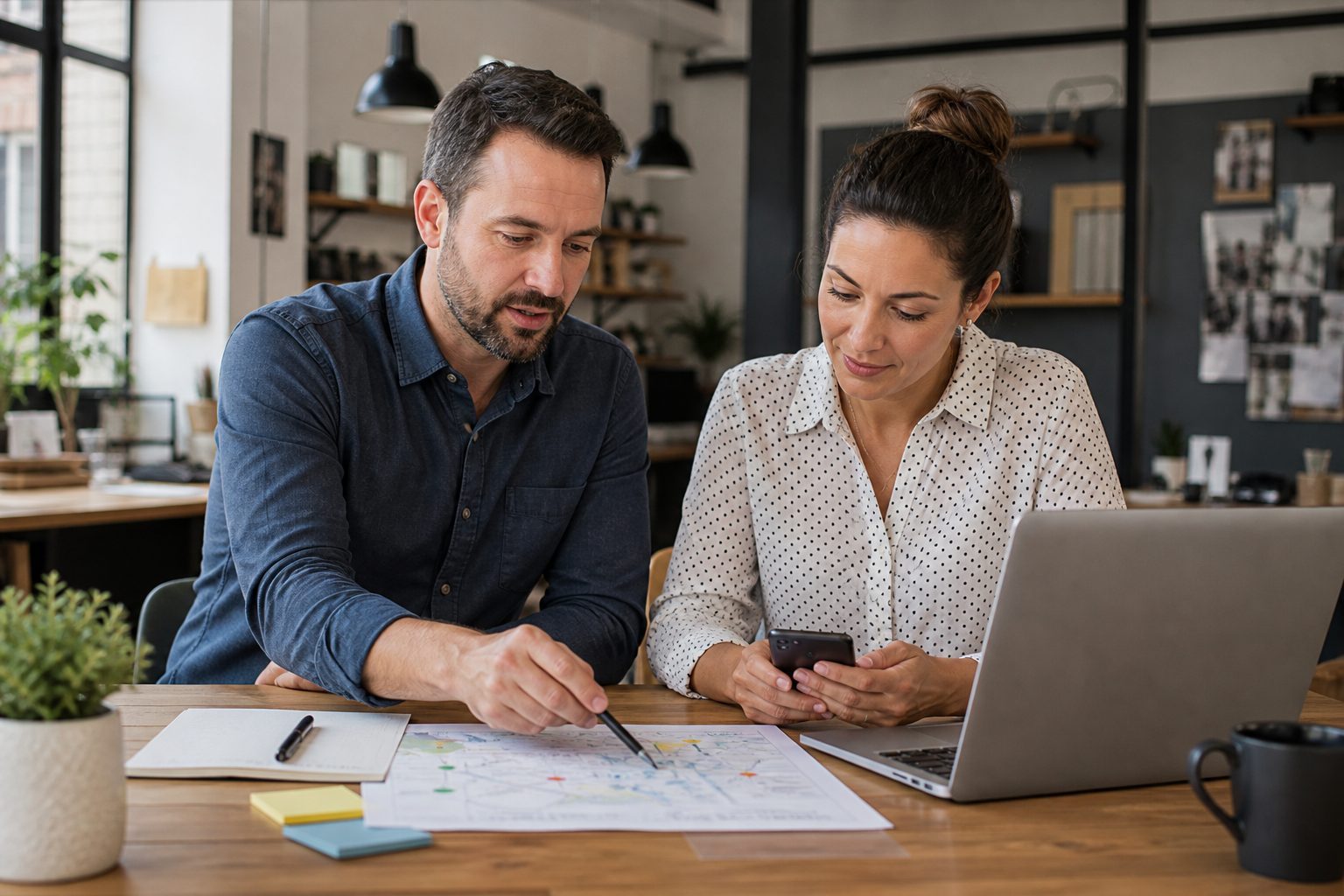 Business owner and web strategist reviewing local search planning materials
