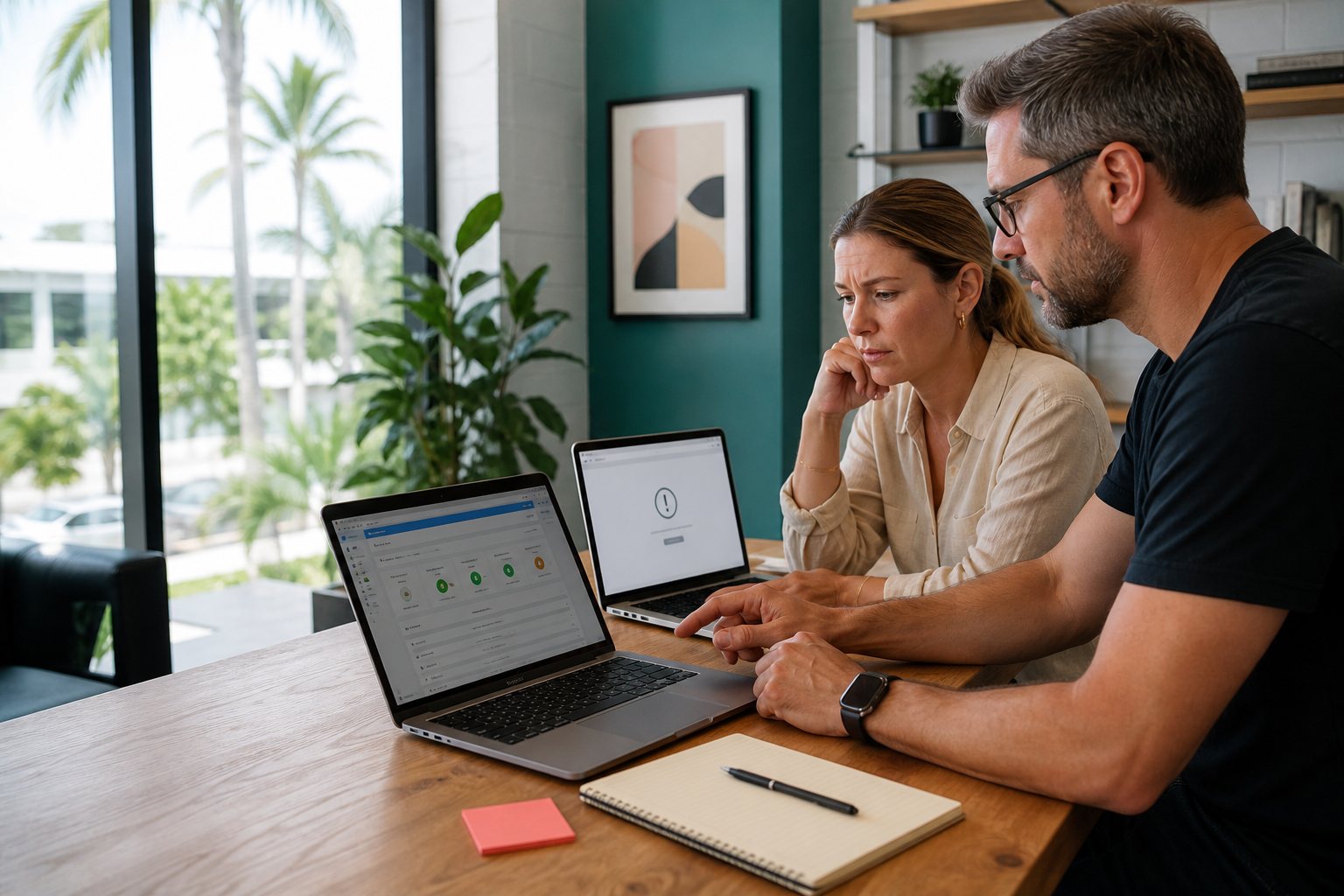 Business owner and web professional reviewing a hosting outage
