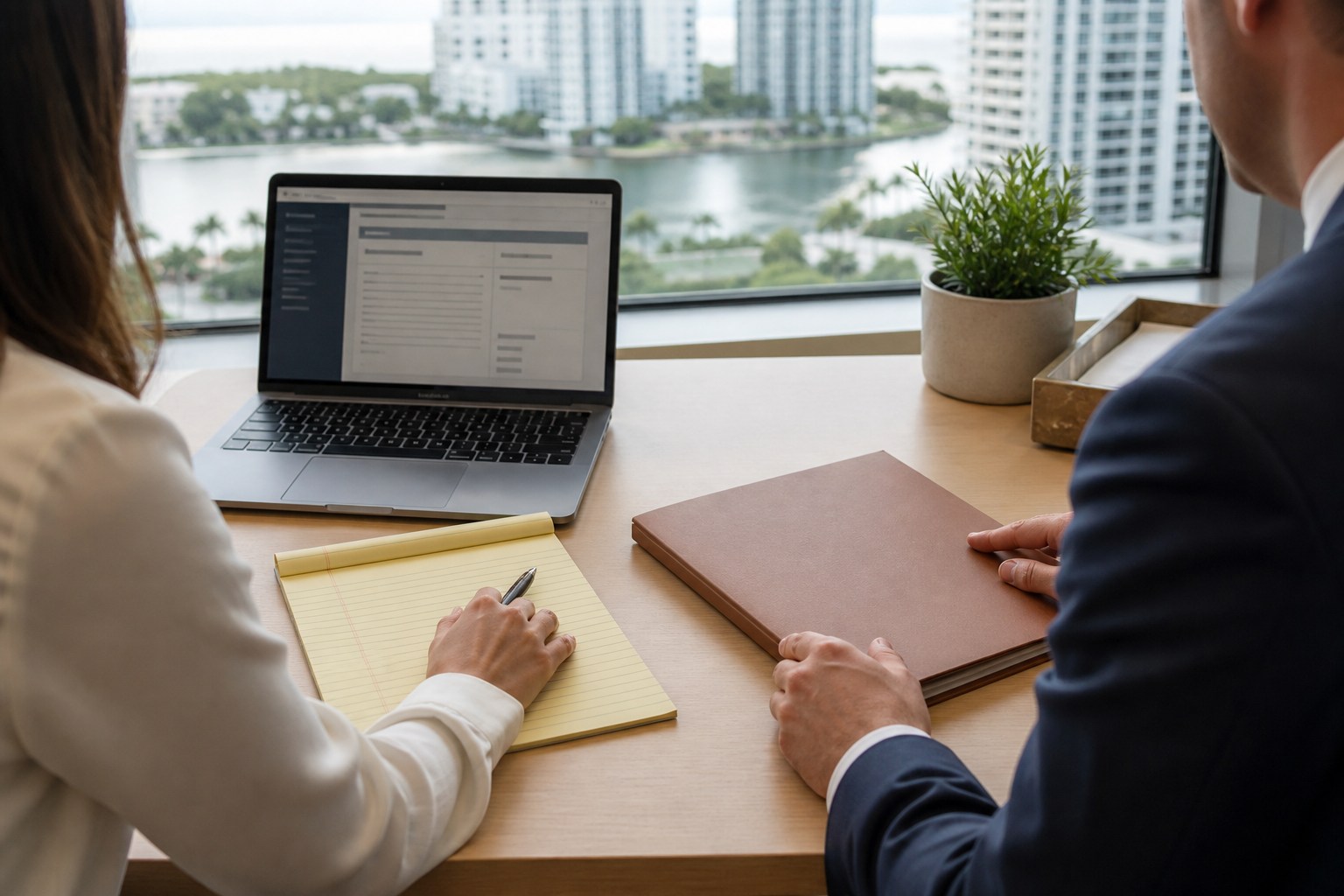 Two professionals organizing a legal resource plan in a South Florida office