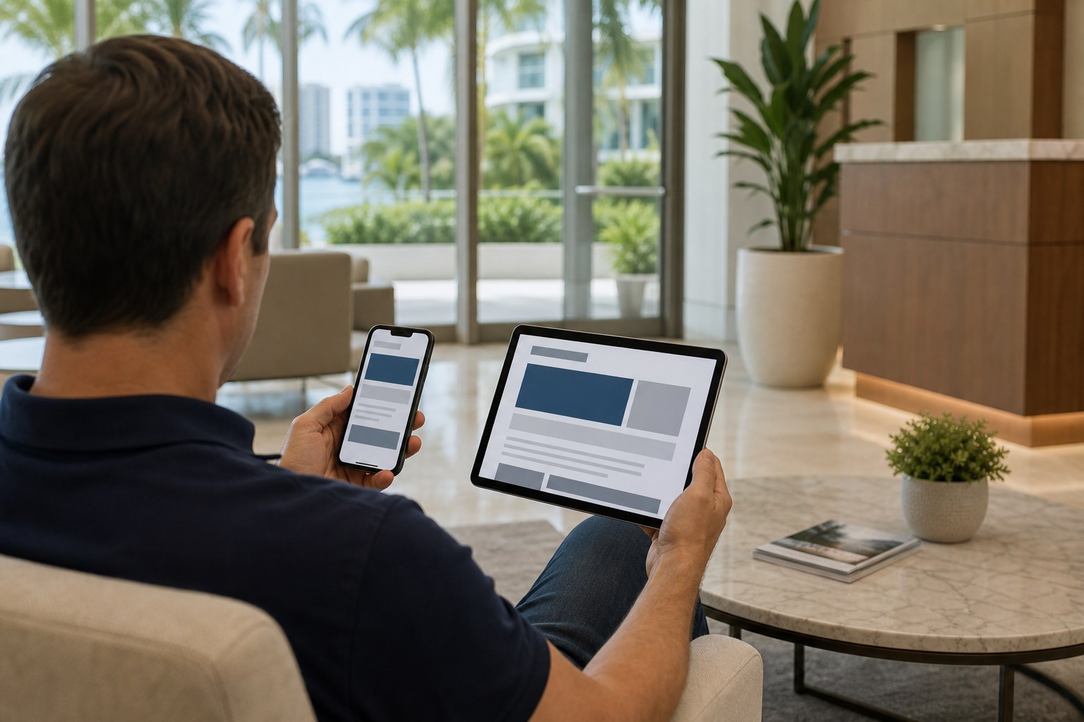 Person viewing a generic legal resource website on a tablet and smartphone in a Fort Lauderdale office