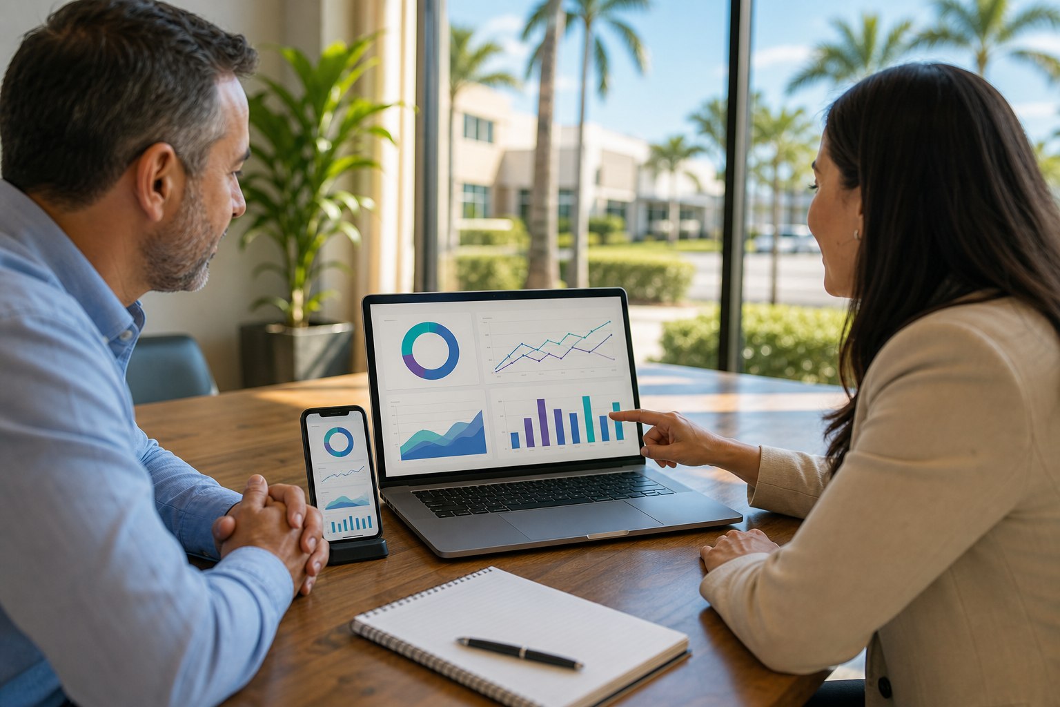 Business owner and strategist reviewing a mobile-ready marketing campaign performance dashboard