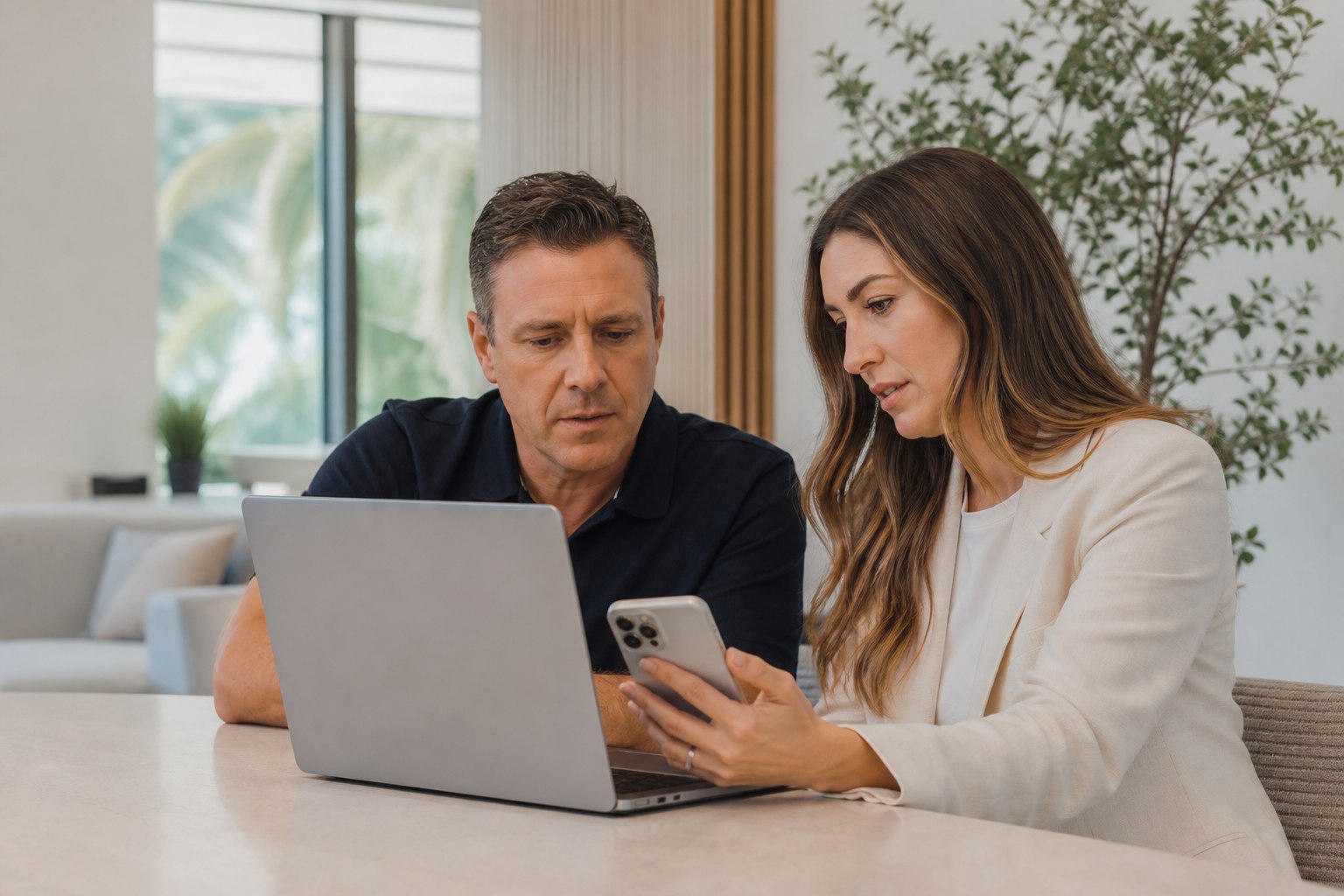 Business owner and strategist reviewing a website conversion path before launching a marketing campaign