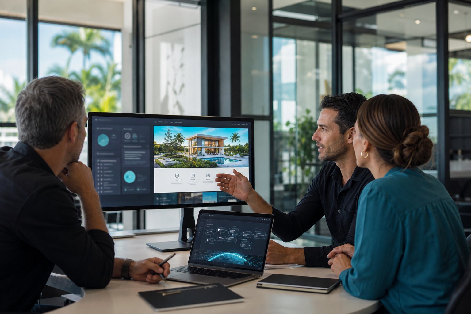 Web professionals and a client reviewing an AI-assisted website project