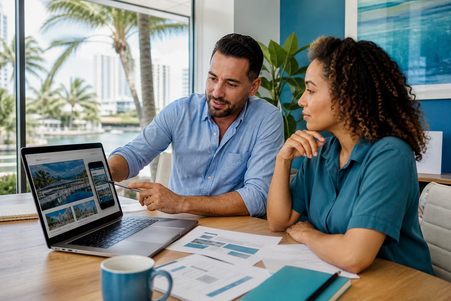 South Florida small business owner reviewing a website with a web designer