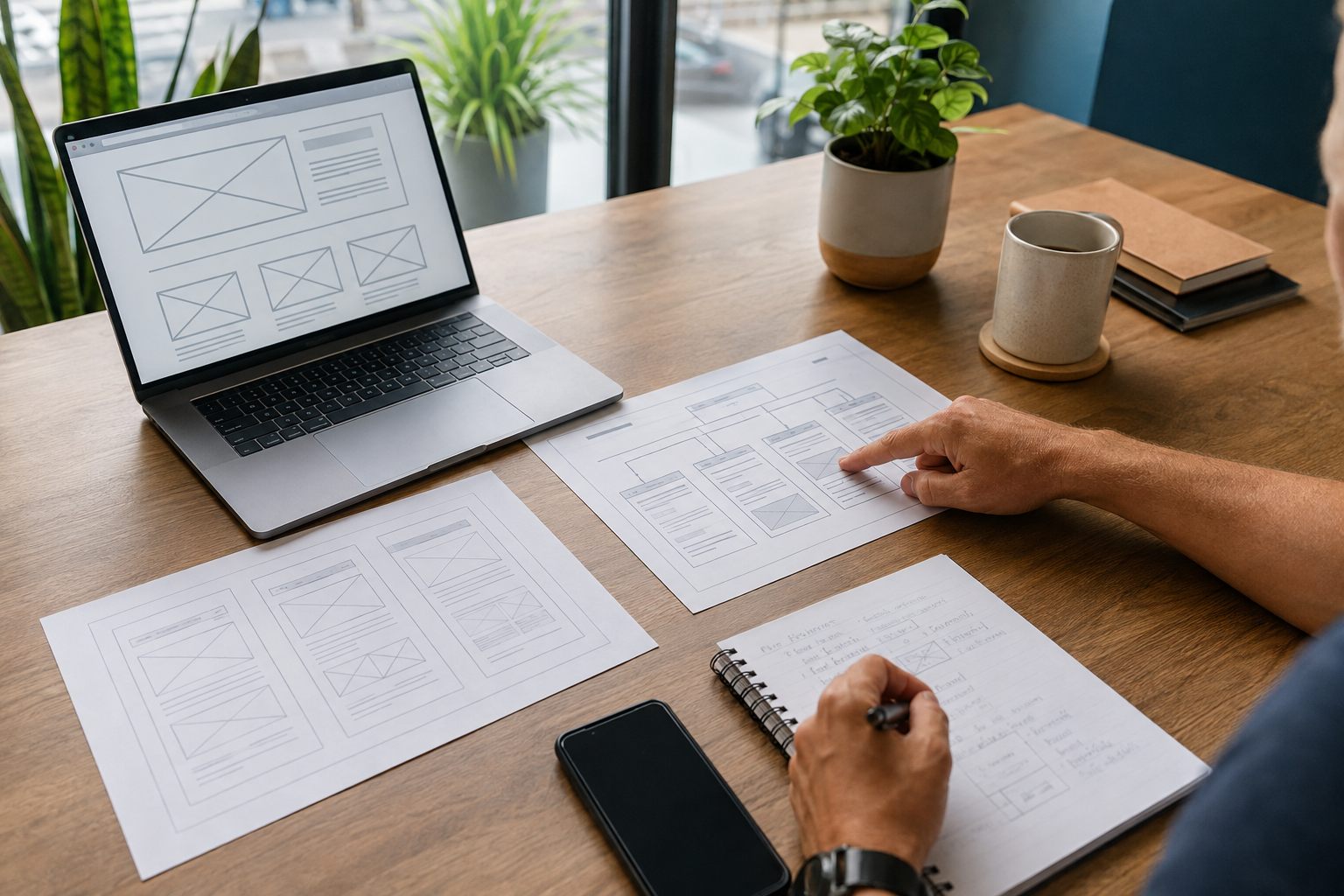 Website wireframes and page plans being reviewed during a web development project