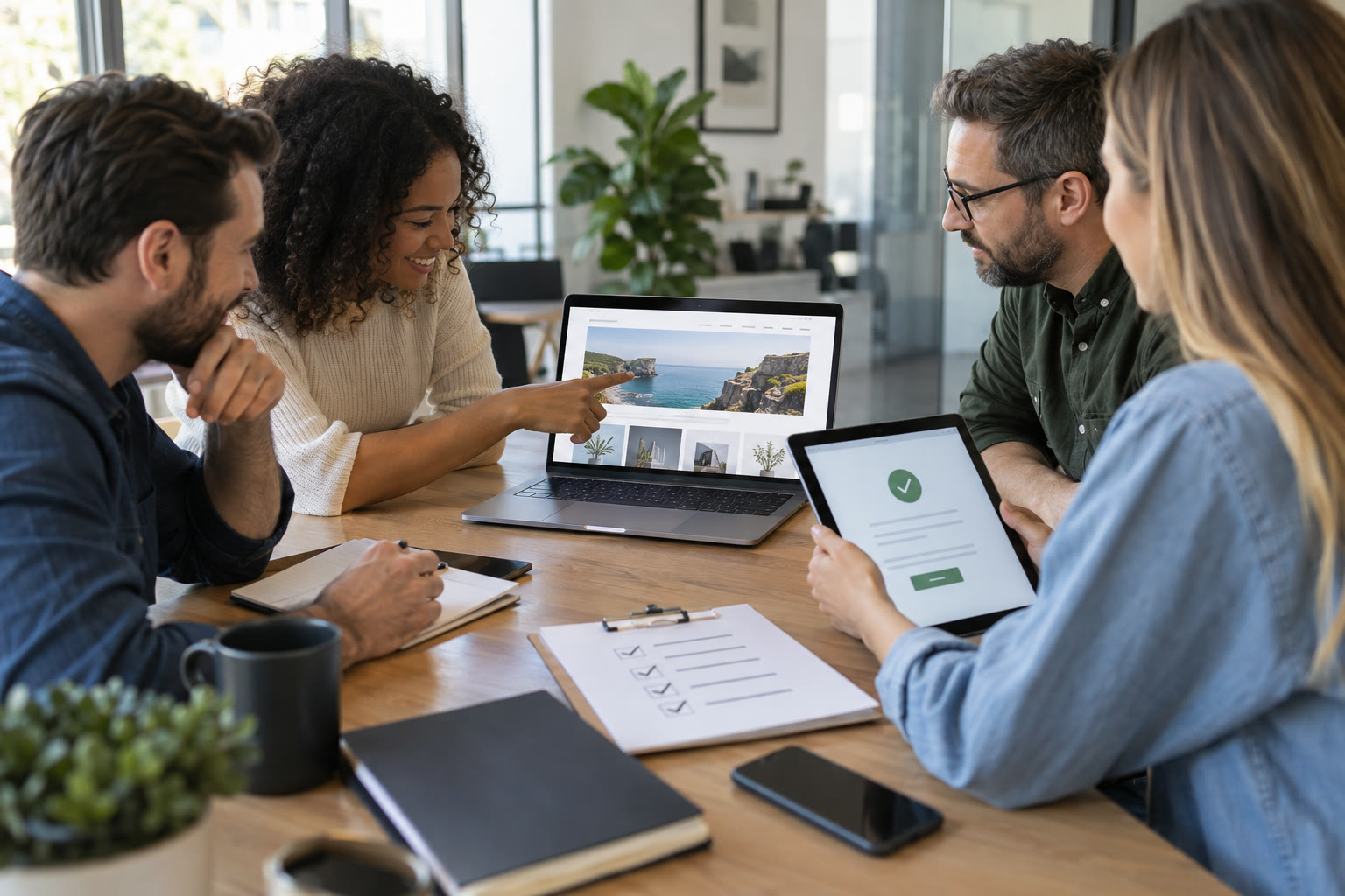 Business team validating a website contact form and launch checklist