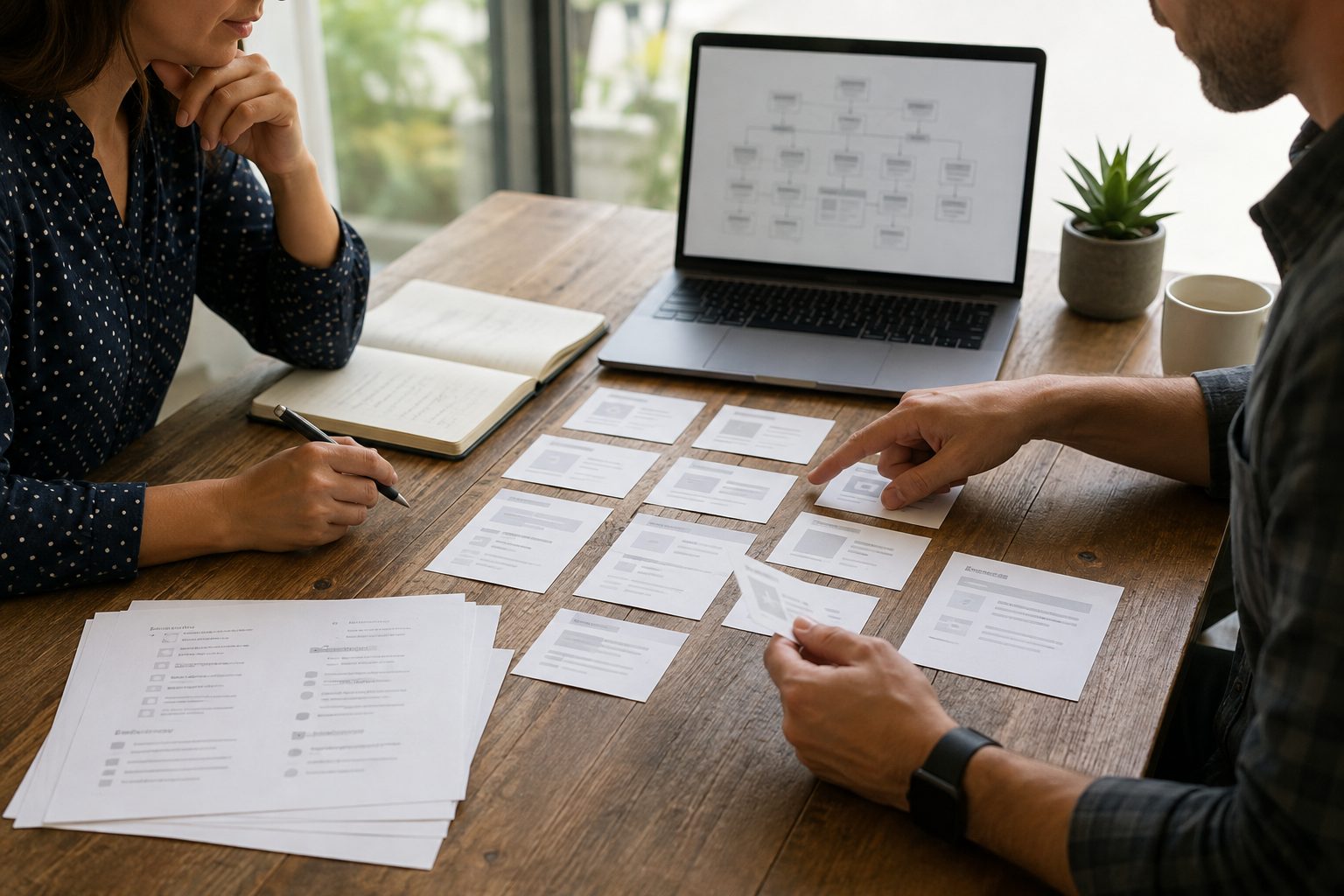 Website strategist and business owner sorting page outlines for a WordPress redesign