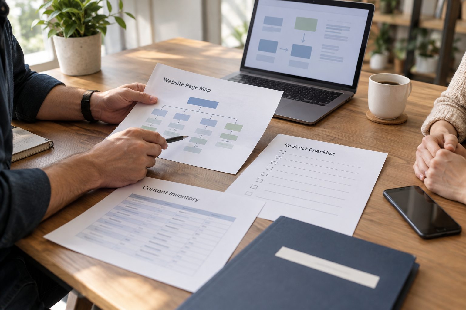 Website professional and business owner reviewing a content inventory and migration checklist