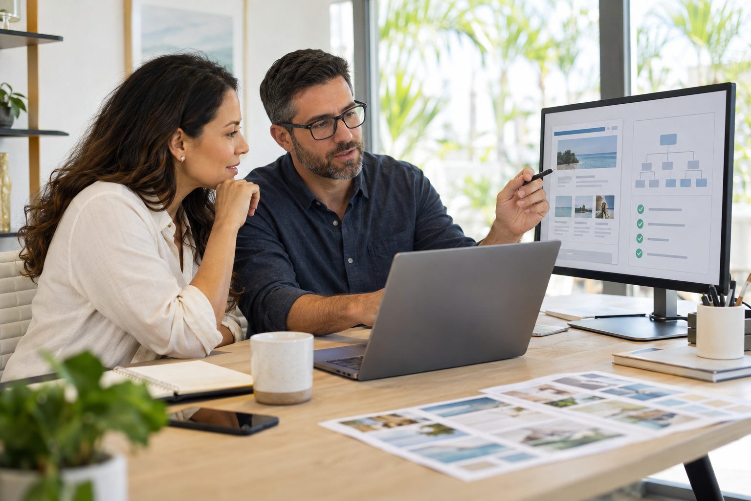 Business owner and website professional reviewing a WordPress migration plan