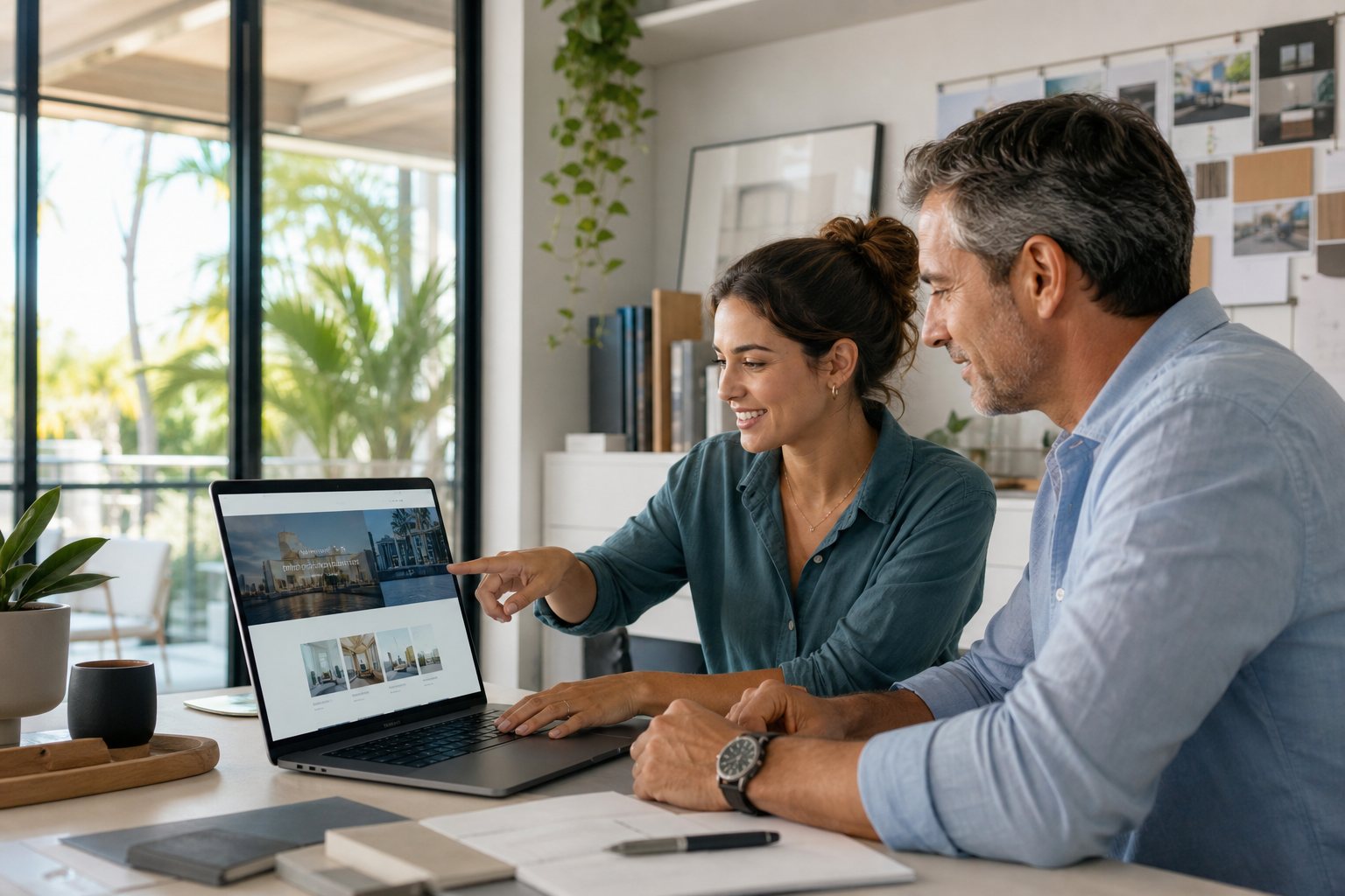 Small-business owners reviewing a WordPress website with a web designer